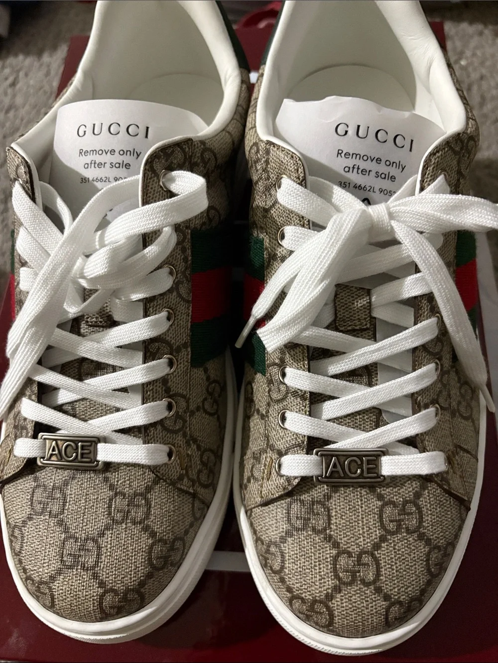 Gucci GG Canvas Ace Sneakers in Brown with Red & Green Web